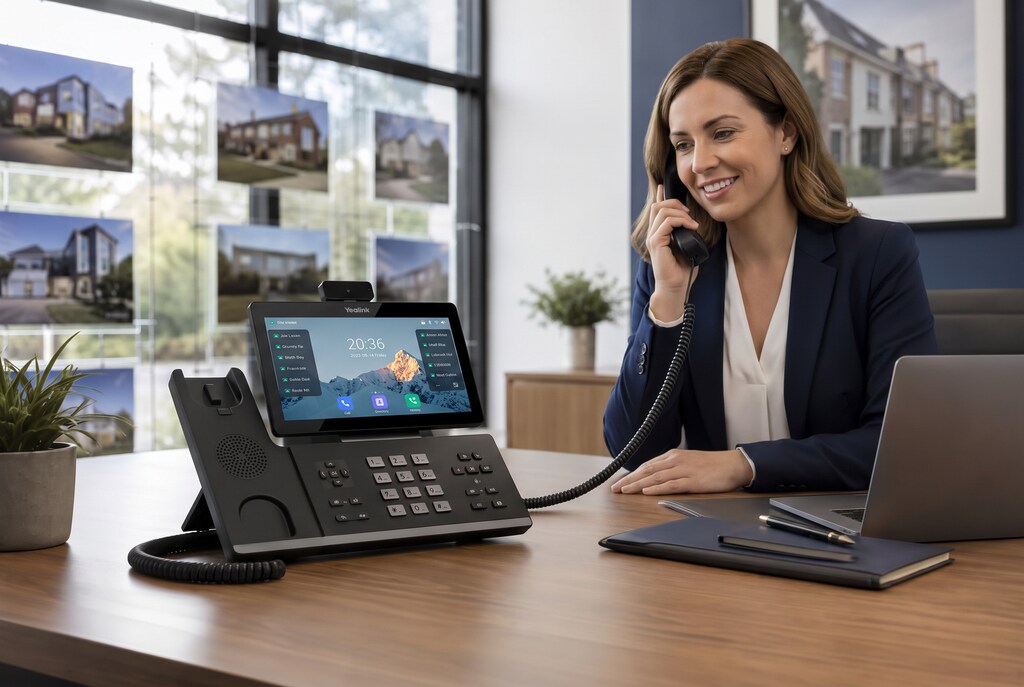 Estate agent on a call at her desk, caller matched in the CRM
