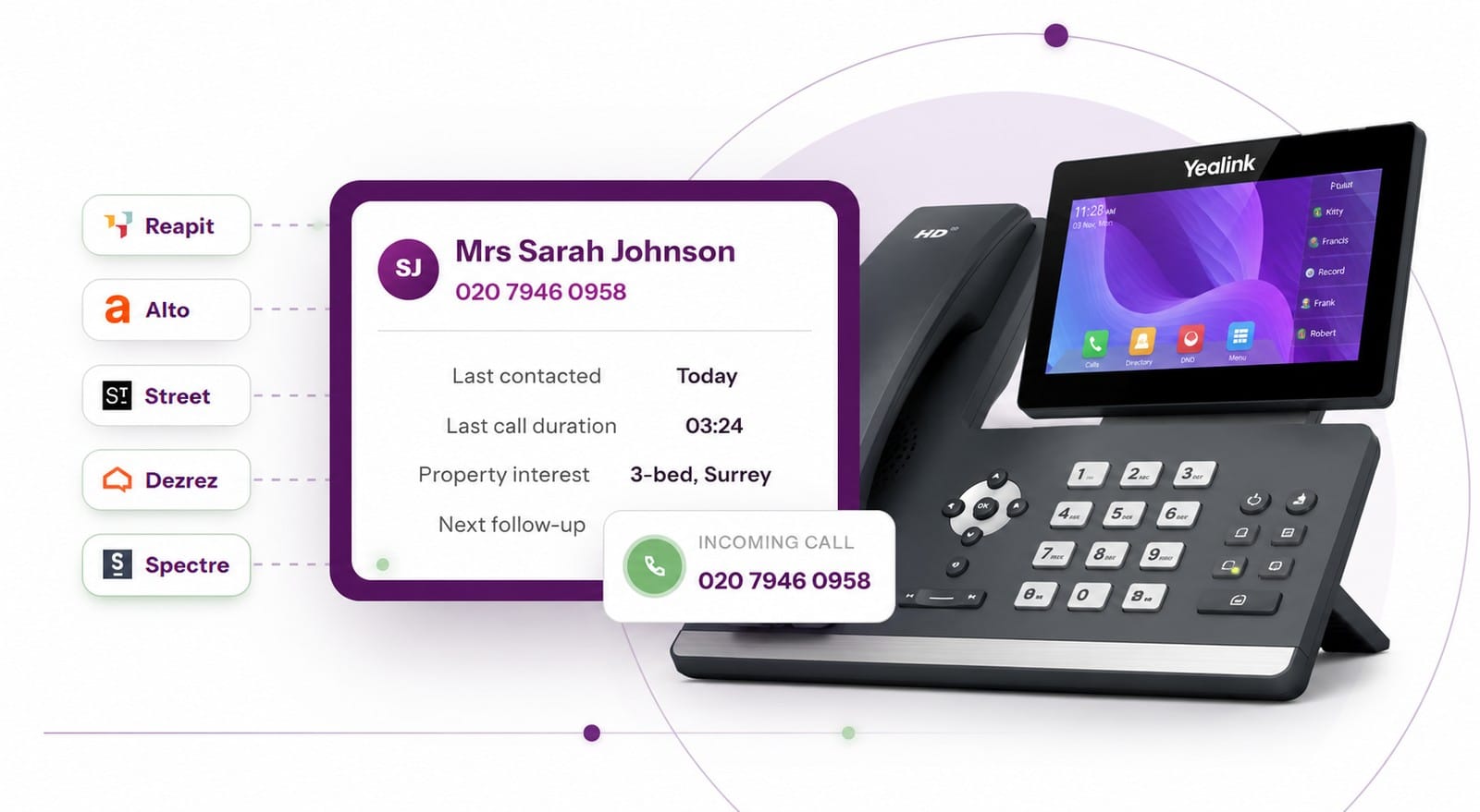 PurpleUC linking a Yealink desk phone to estate agency CRMs, matching an incoming call to the caller record