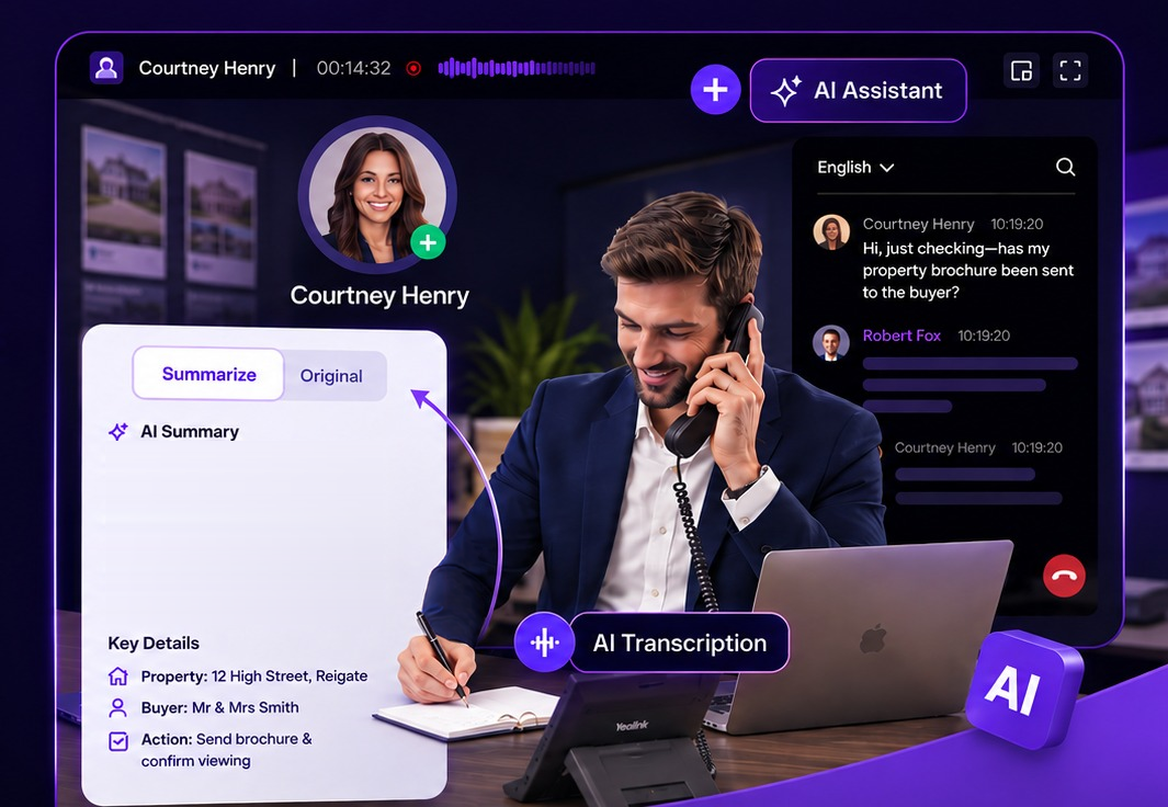 PurpleUC AI phone system: live call with AI transcription and summary